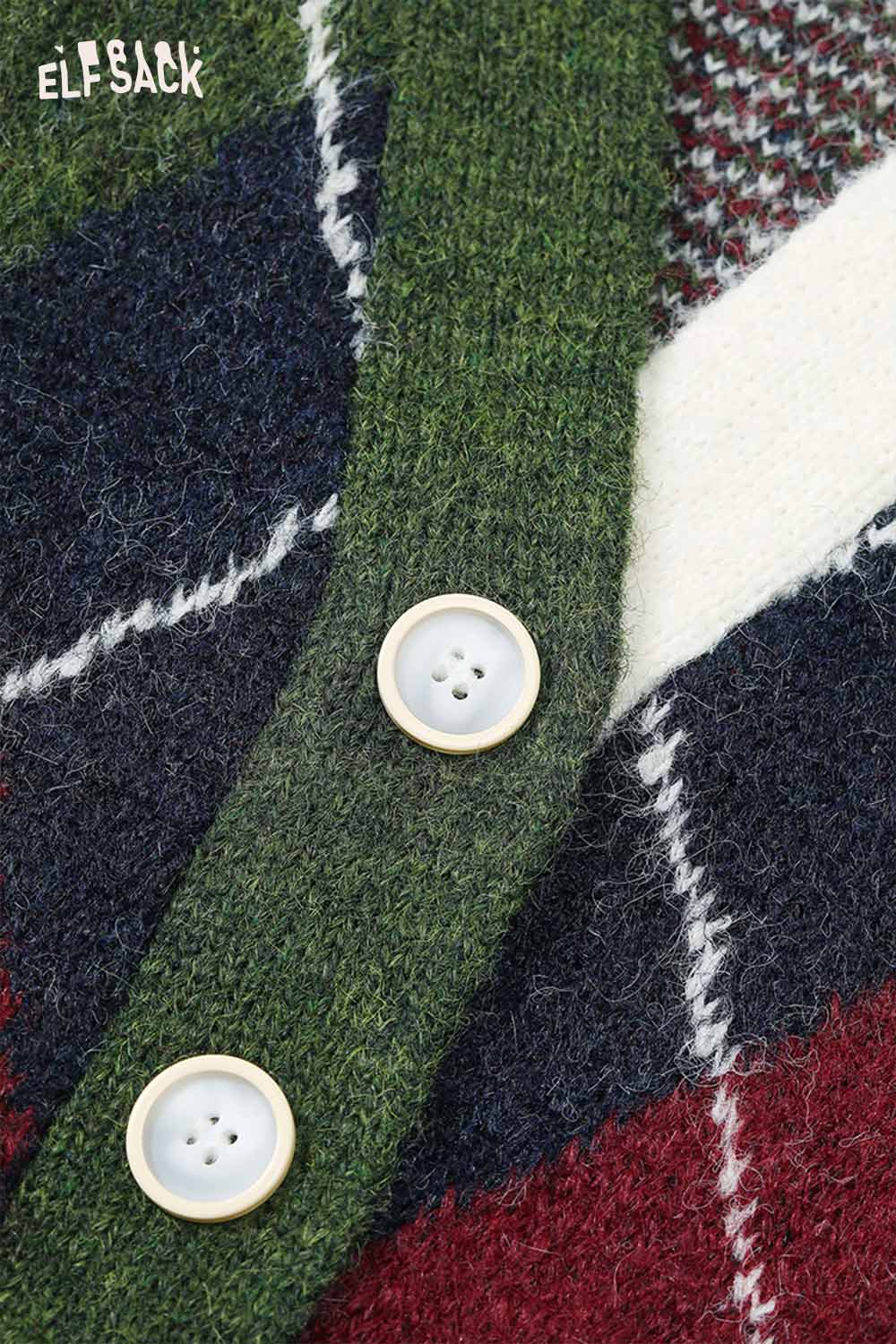 ELFSACK diamond pattern v neck sweater with button details in green and red hues