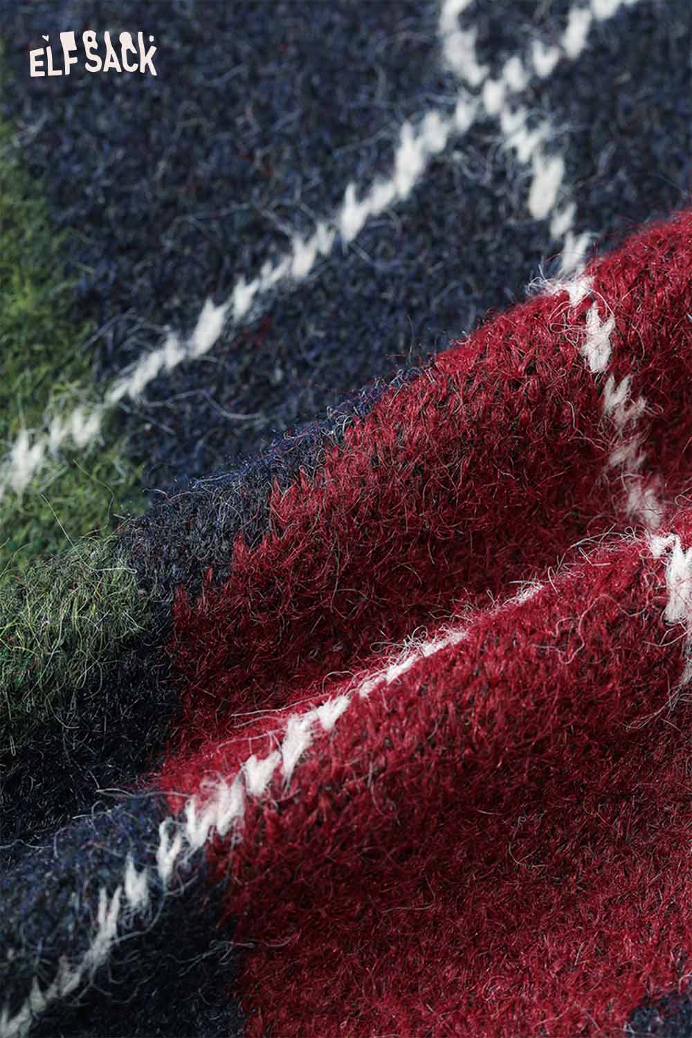 Close-up of ELFSACK diamond pattern v neck sweater fabric showcasing a cozy blend of colors