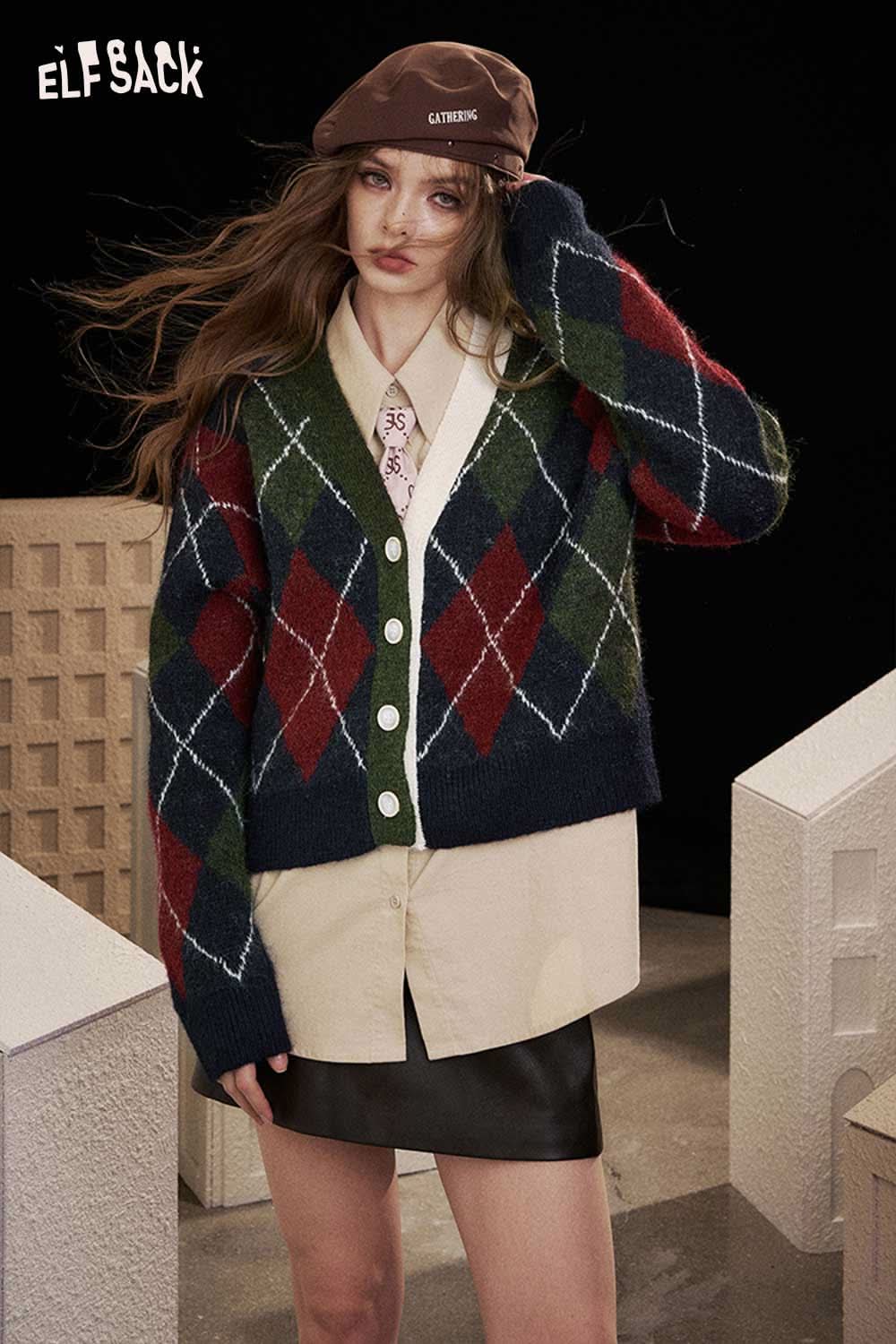 ELFSACK diamond pattern v neck sweater featuring a cozy fit with a stylish color scheme