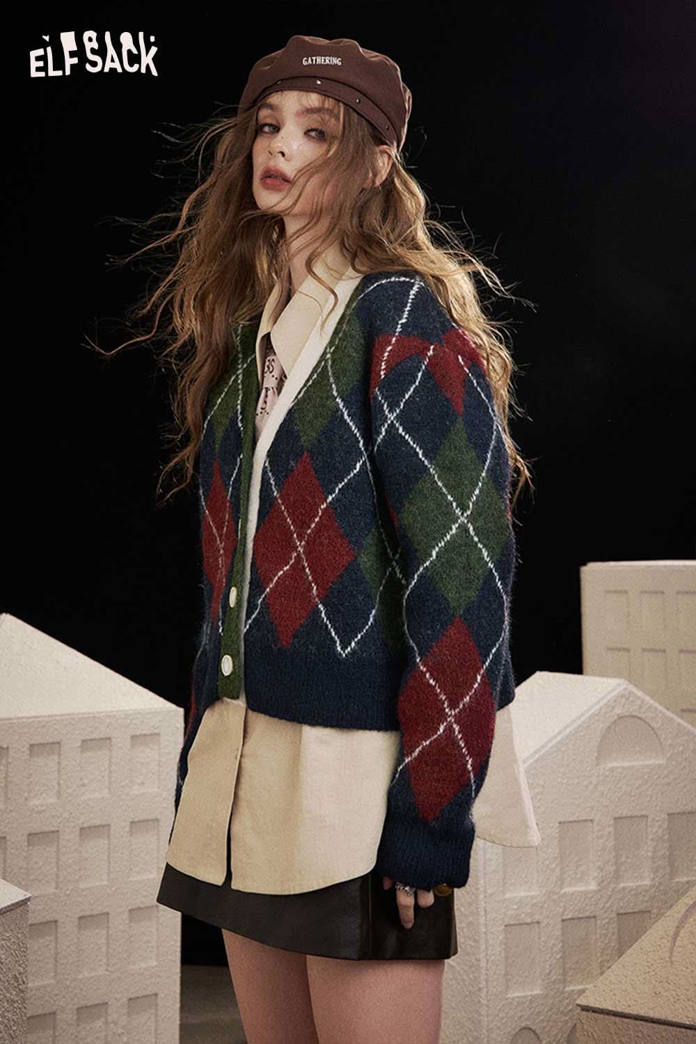 ELFSACK diamond pattern v neck sweater with colorful argyle design perfect for casual layering