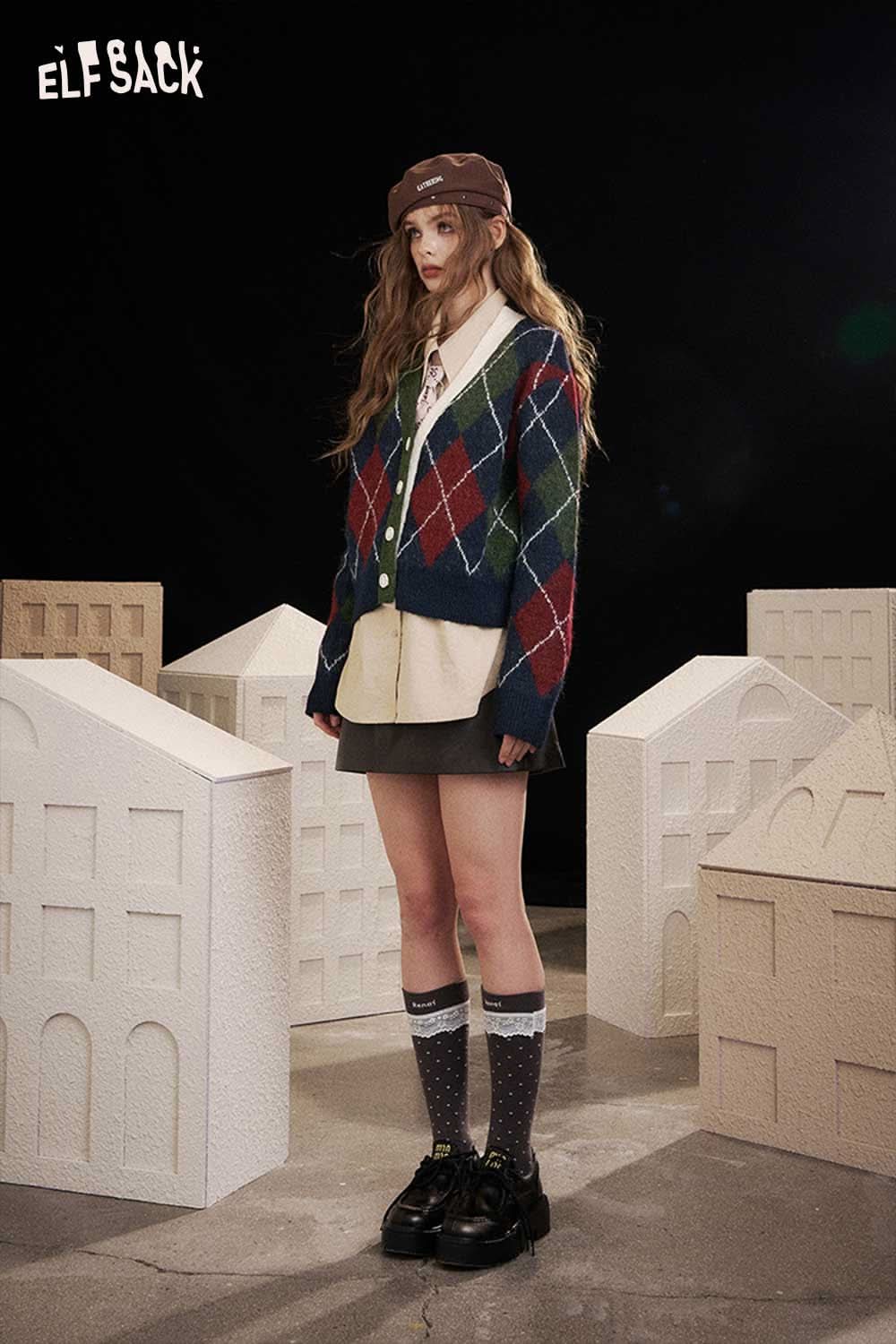 ELFSACK diamond pattern v neck sweater with a cozy fit, styled over a layered outfit for a trendy look