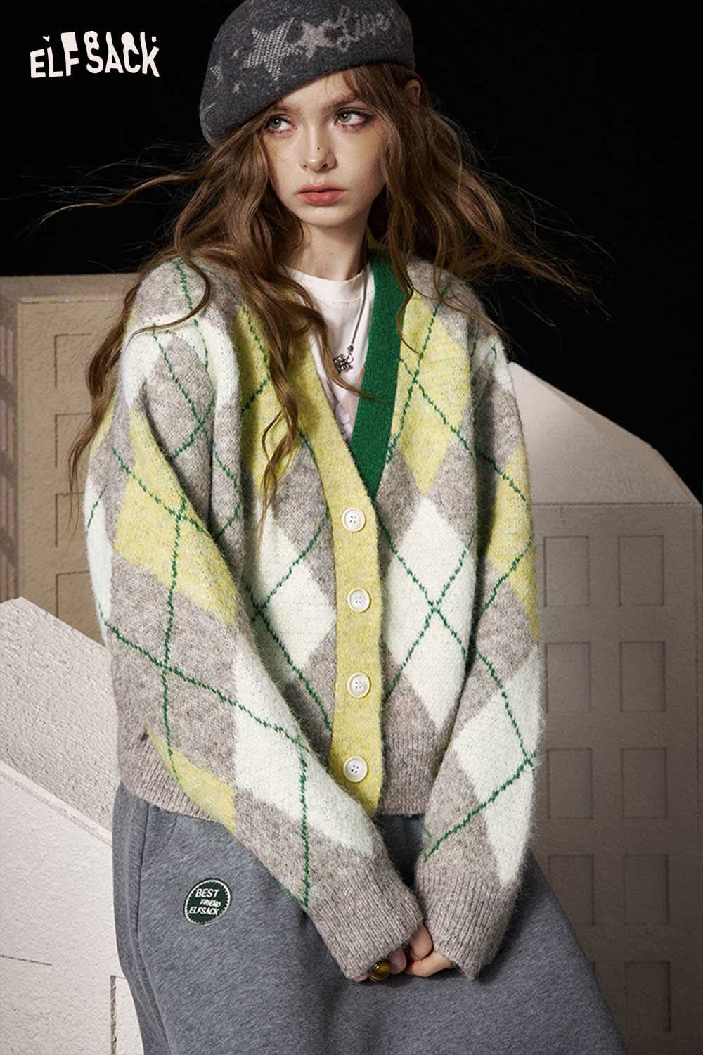 ELFSACK diamond pattern v neck sweater in grey, yellow, and green with button closure and oversized fit