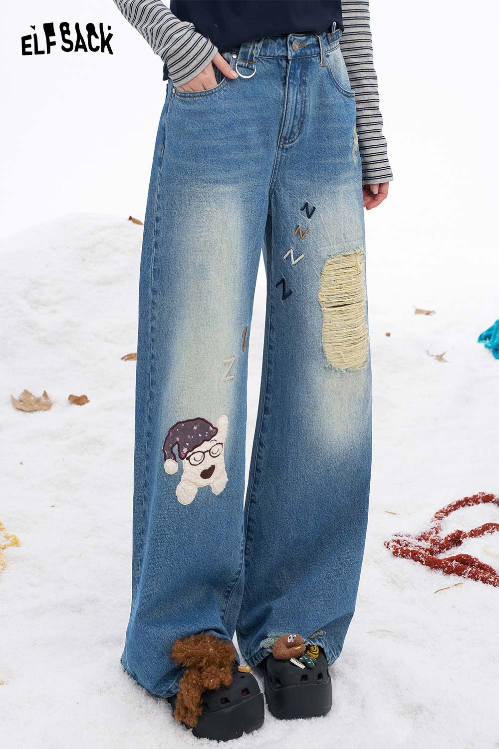 ELFSACK dog graphic distressed jeans with unique patches and relaxed fit for a trendy look
