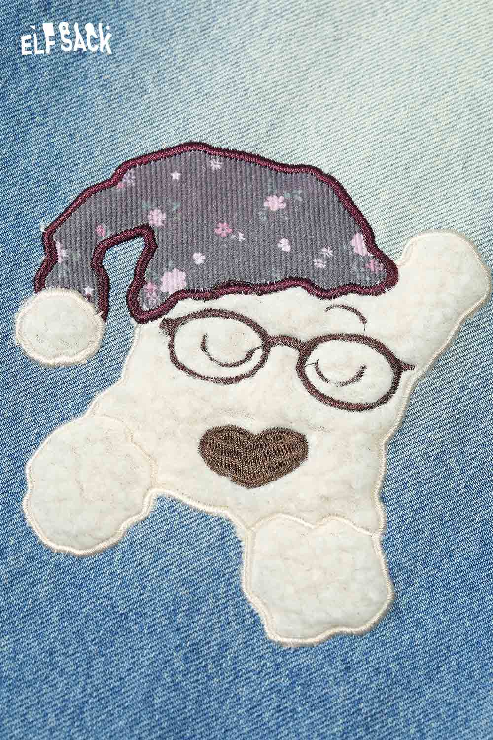 ELFSACK dog graphic distressed jeans featuring a cute embroidered bear design for a playful look