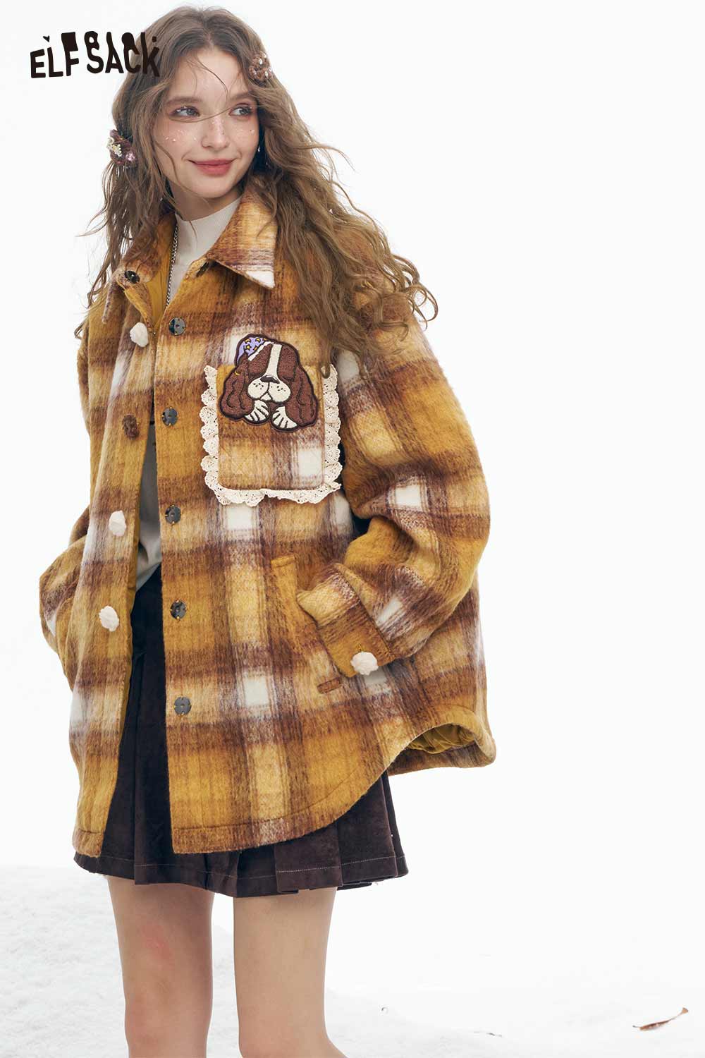 ELFSACK dog graphic plaid coat for women in yellow with a cute dog patch detail