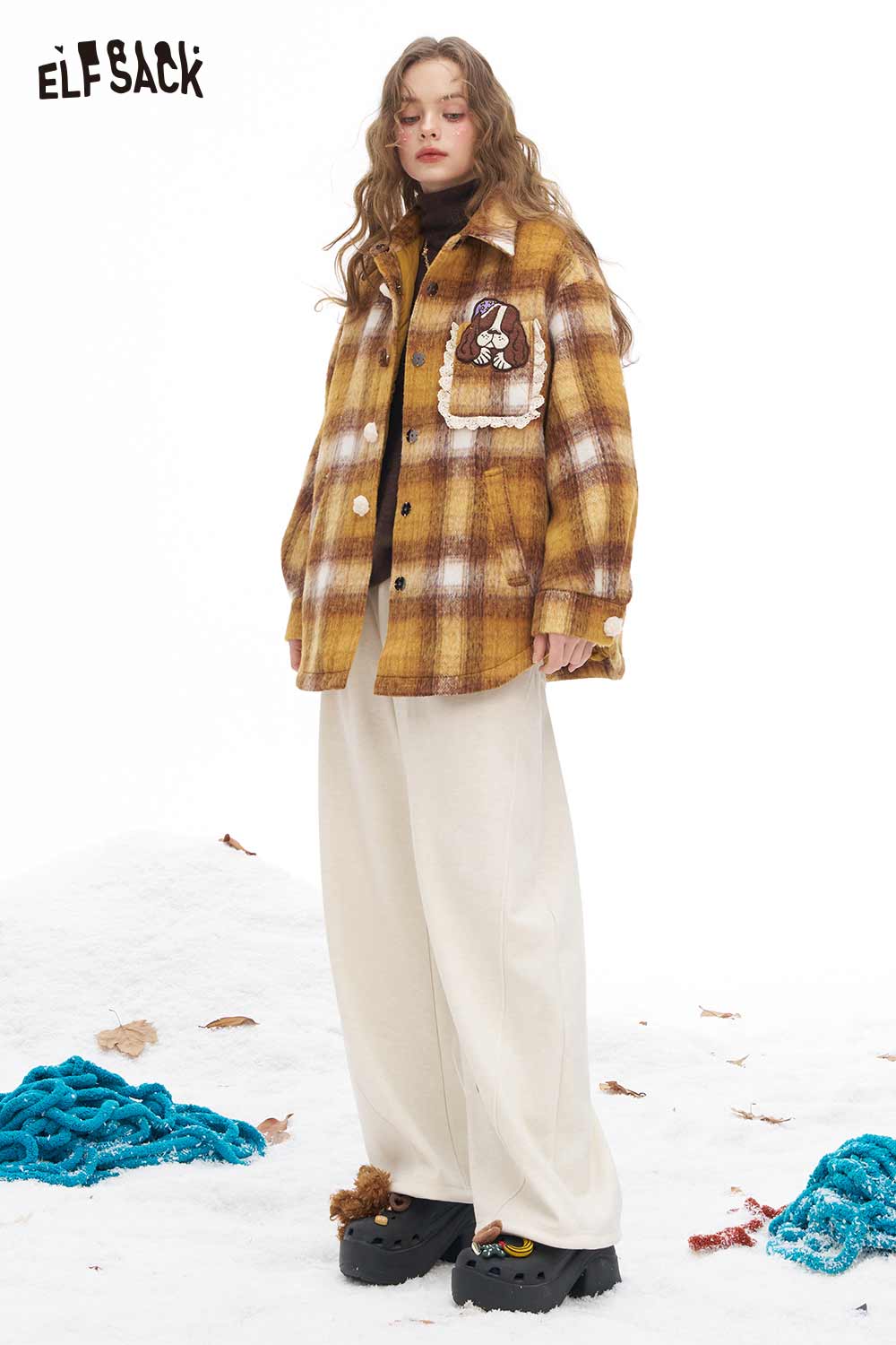 ELFSACK dog graphic plaid coat for women in yellow and brown with a playful dog design