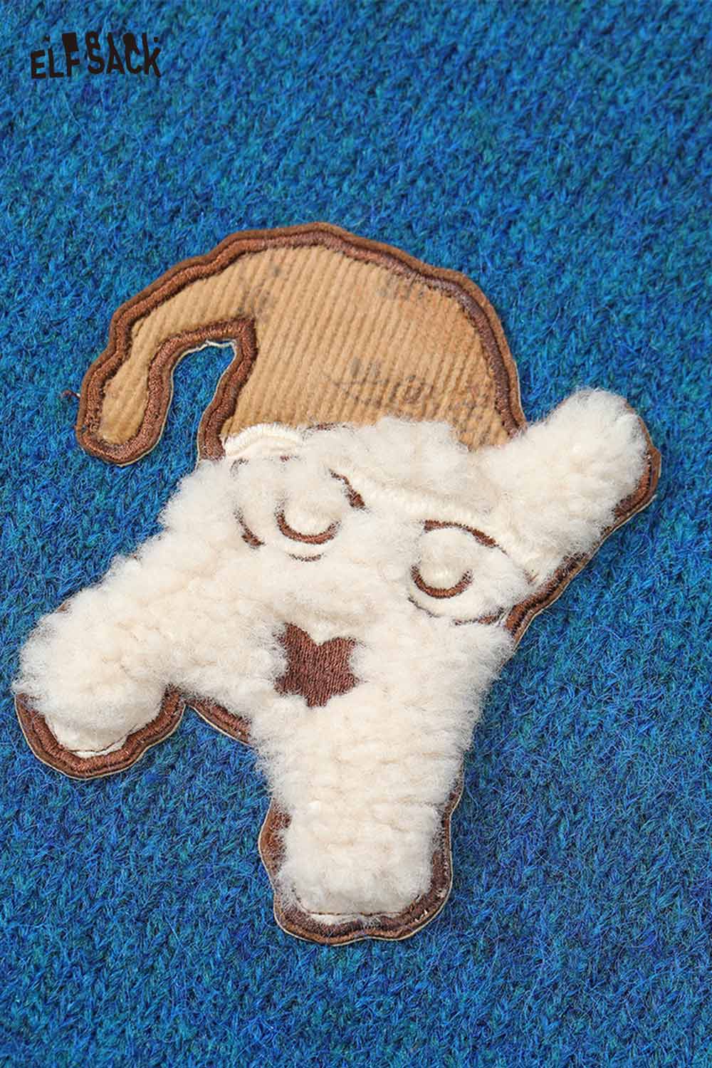 ELFSACK dog graphic sweater for women featuring a cute fuzzy dog design on a blue background