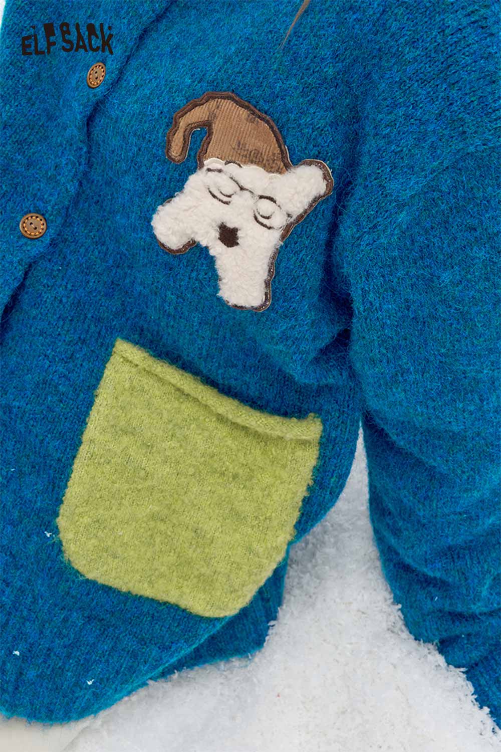 ELFSACK dog graphic sweater for women featuring a cute sleeping dog design and a green pocket