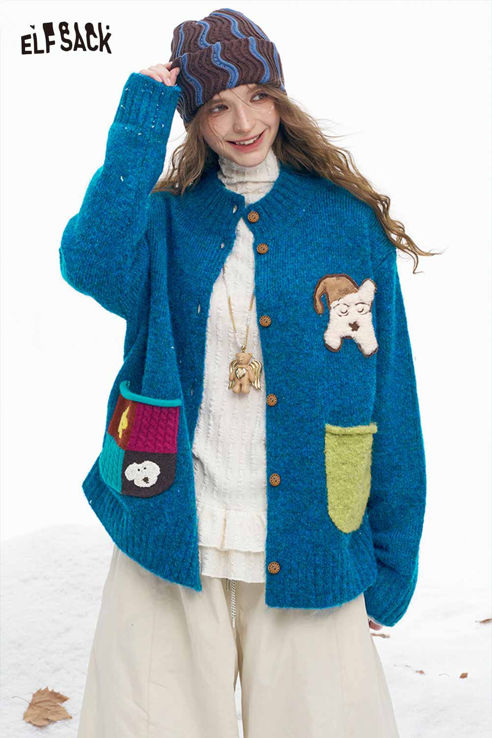 ELFSACK dog graphic sweater for women in blue with unique pockets and cozy style
