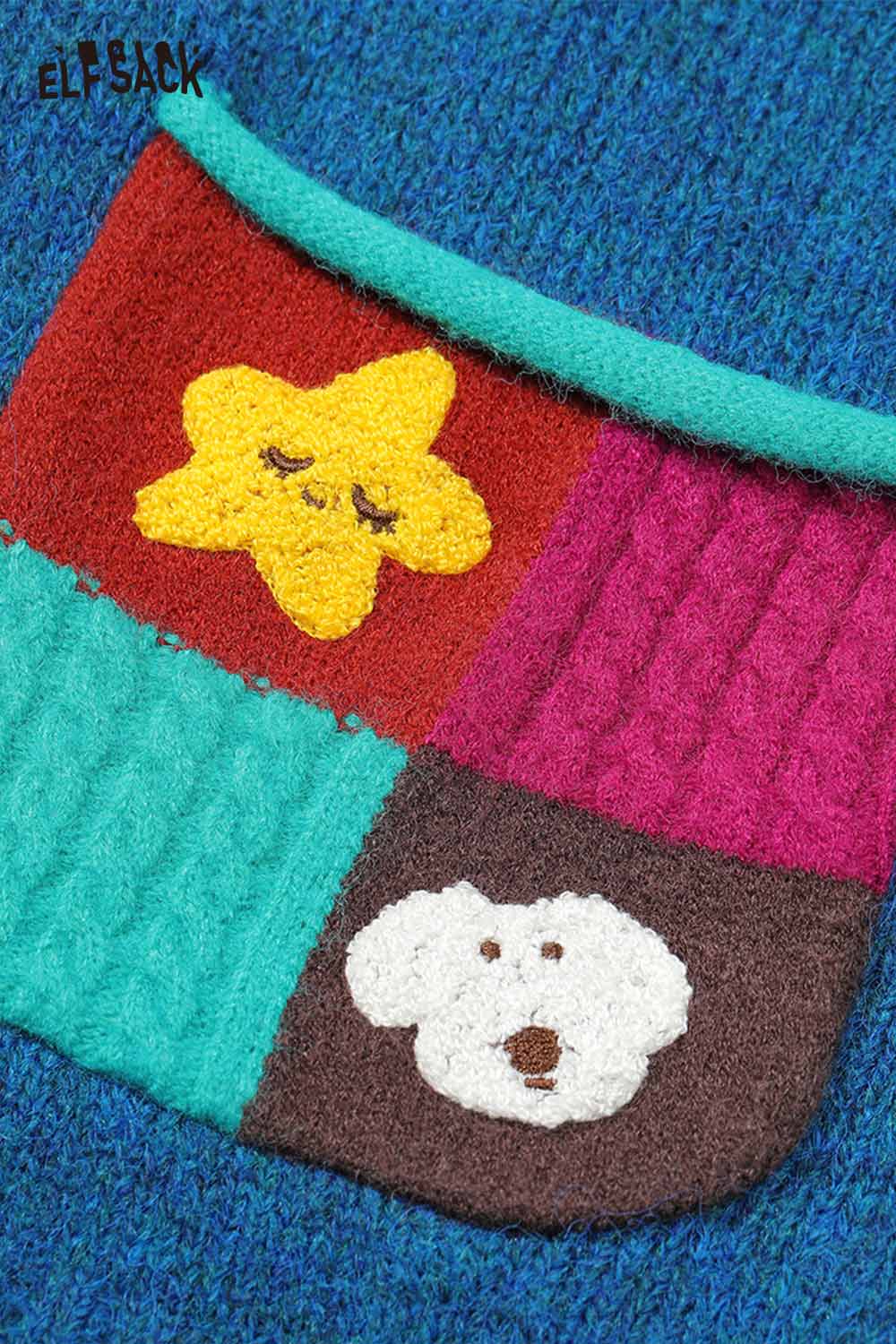 ELFSACK dog graphic sweater for women featuring a colorful patch with cute designs