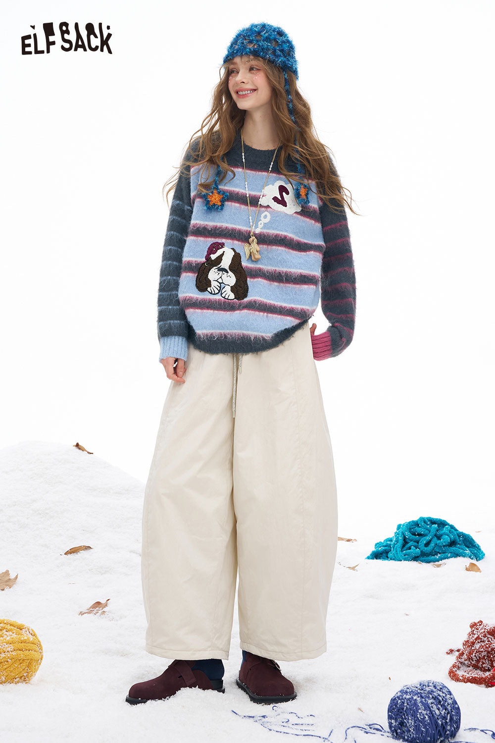 ELFSACK dog graphic sweater for women with colorful stripes and playful designs for casual winter wear