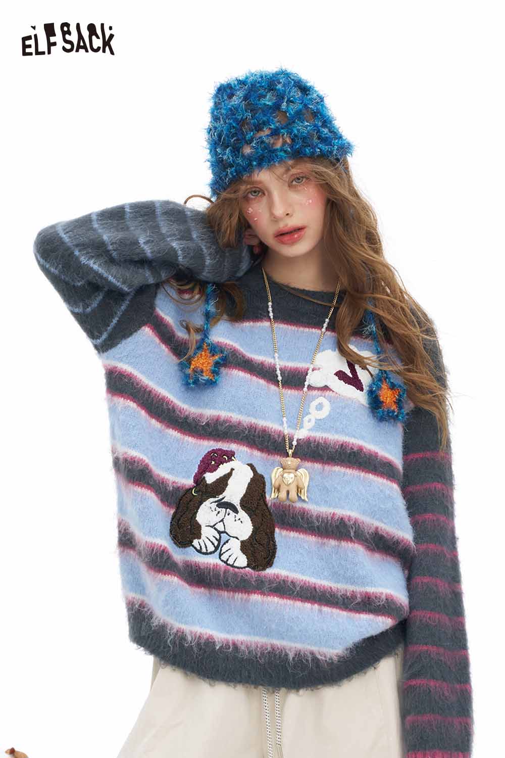 ELFSACK dog graphic sweater for women with colorful stripes and playful dog designs