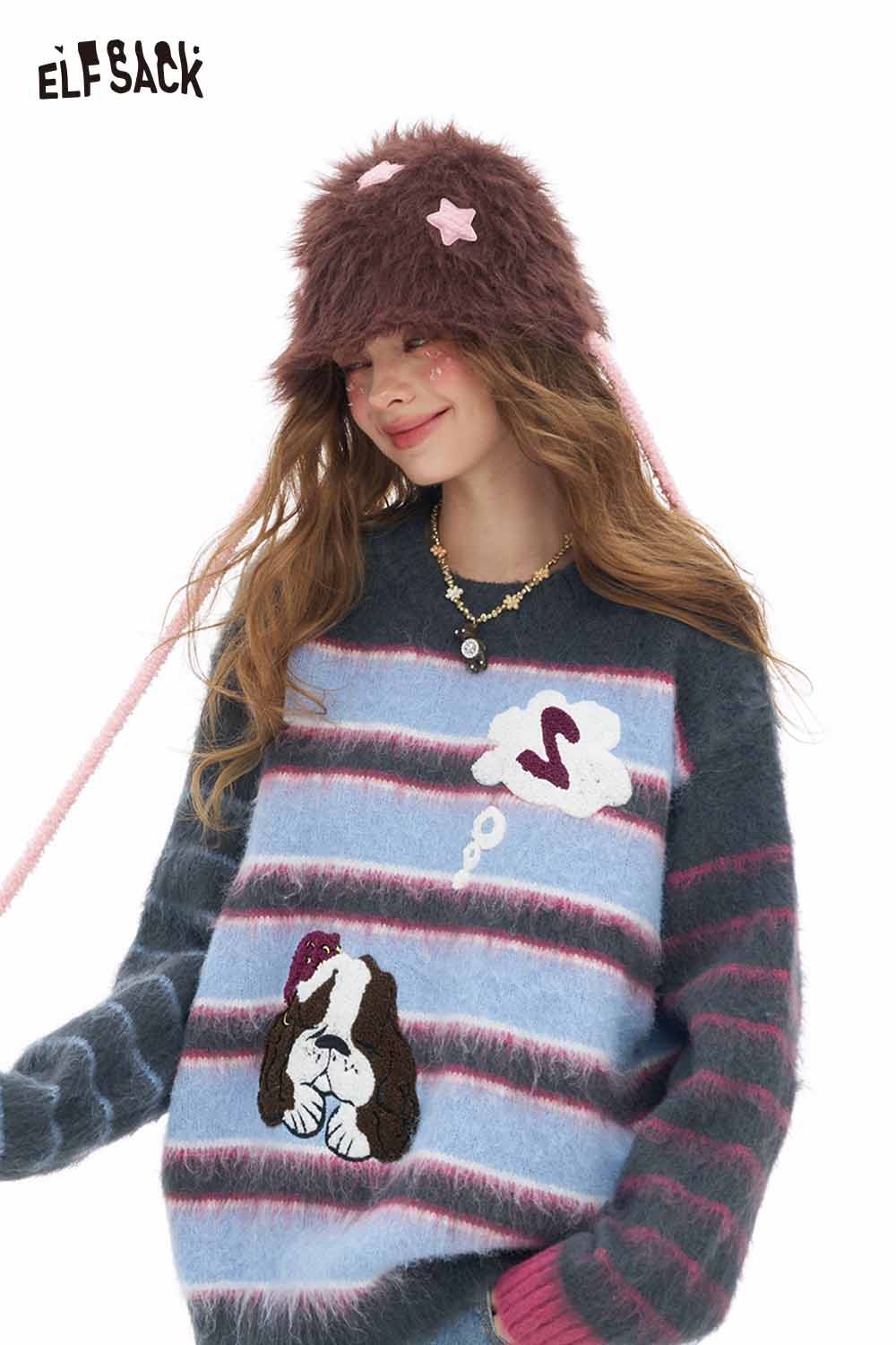 ELFSACK dog graphic sweater for women featuring colorful stripes and a cute dog design