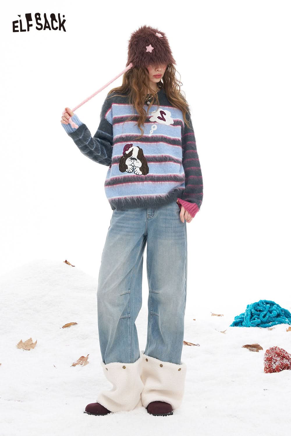 ELFSACK dog graphic sweater for women featuring a colorful design and playful dog illustration