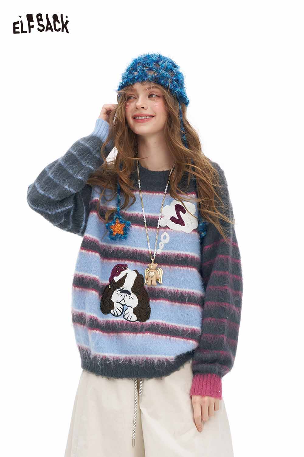 ELFSACK dog graphic sweater for women in colorful stripes and playful dog design, ideal for casual wear
