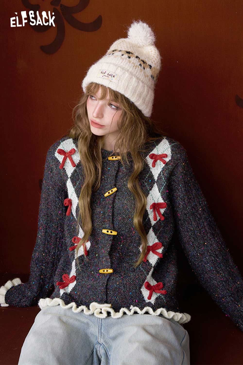 ELFSACK double breasted bow sweater featuring colorful bows and a stylish ruffled hem