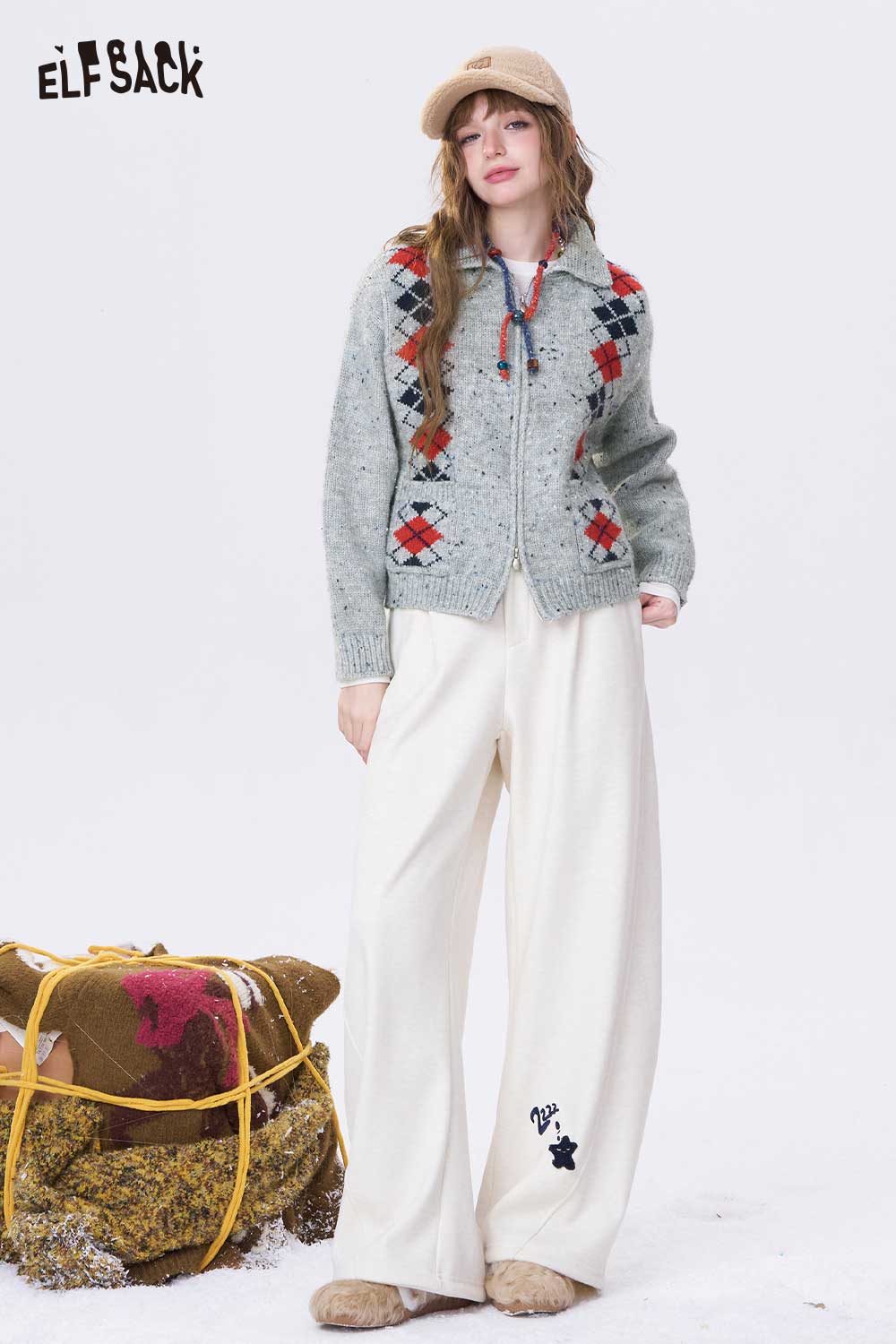 ELFSACK double breasted quilted knit cardigan in gray with colorful diamond patterns and styled for fall fashion