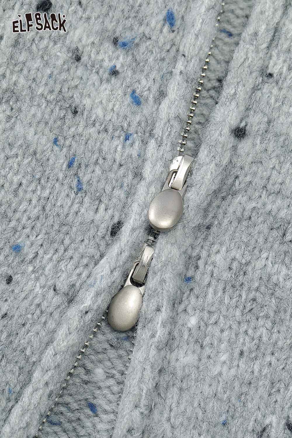 ELFSACK double breasted quilted knit cardigan in soft gray with metal zipper details