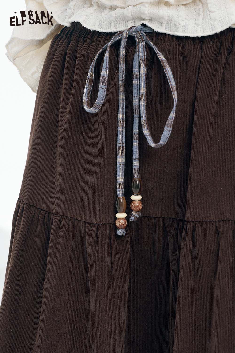 ELFSACK double layer long skirt for women in dark brown with stylish plaid drawstring detail