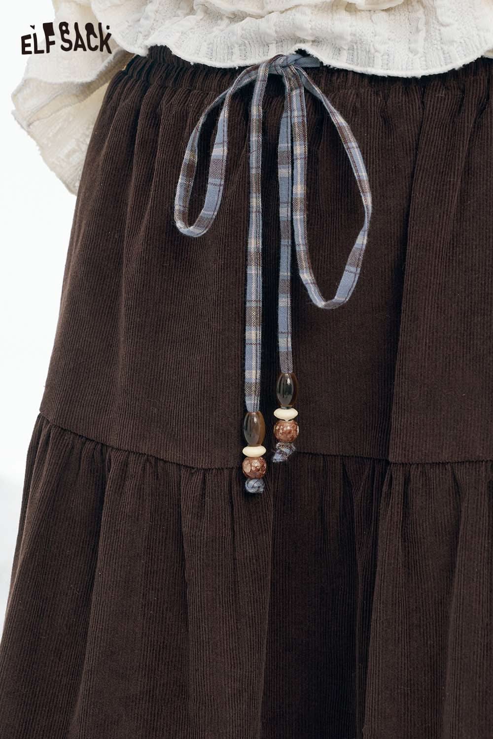 ELFSACK double layer long skirt for women in dark brown with stylish plaid drawstring detail