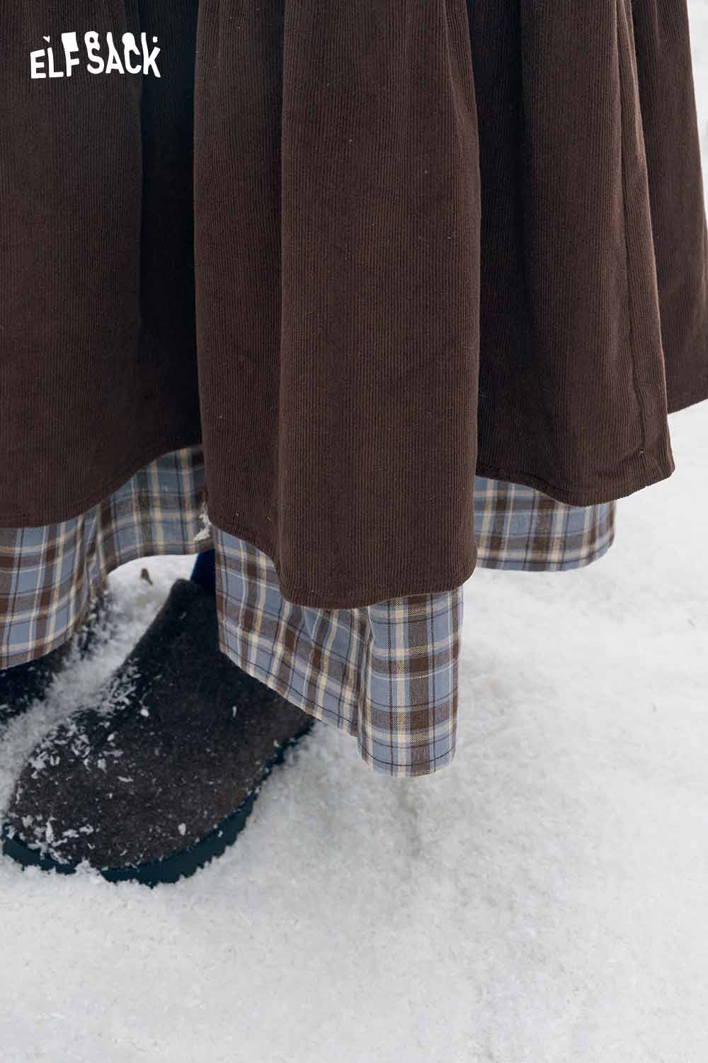ELFSACK double layer long skirt for women with stylish plaid and solid brown design