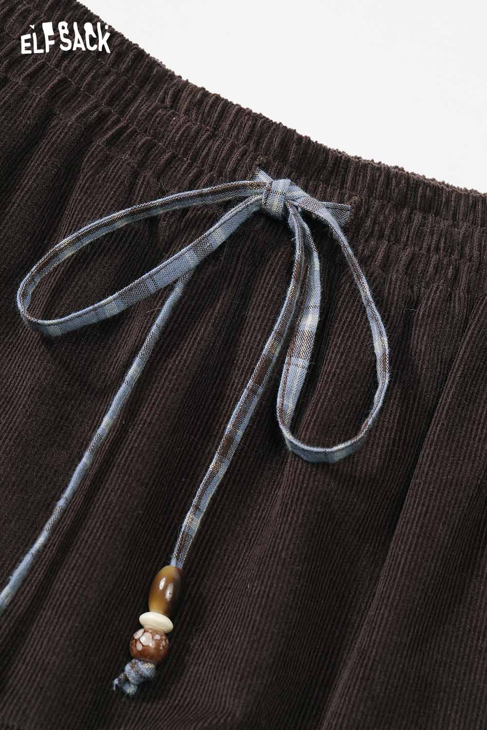 ELFSACK double layer long skirt for women with adjustable plaid tie waistband in brown