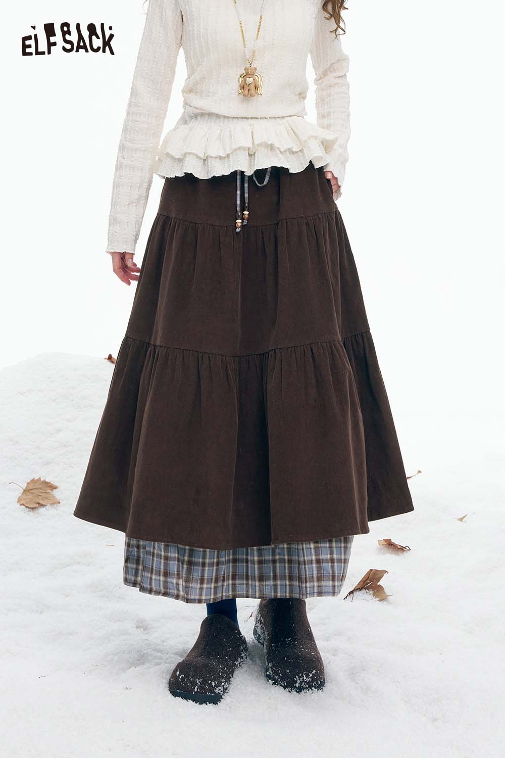 ELFSACK double layer long skirt for women in brown with tiered design and plaid underlayer