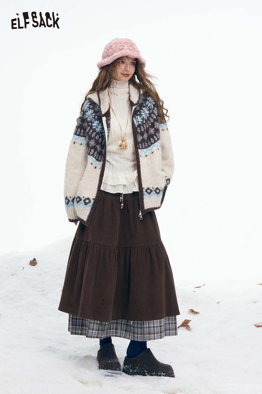ELFSACK double layer long skirt for women in brown, styled with a cozy sweater and hat for a winter look