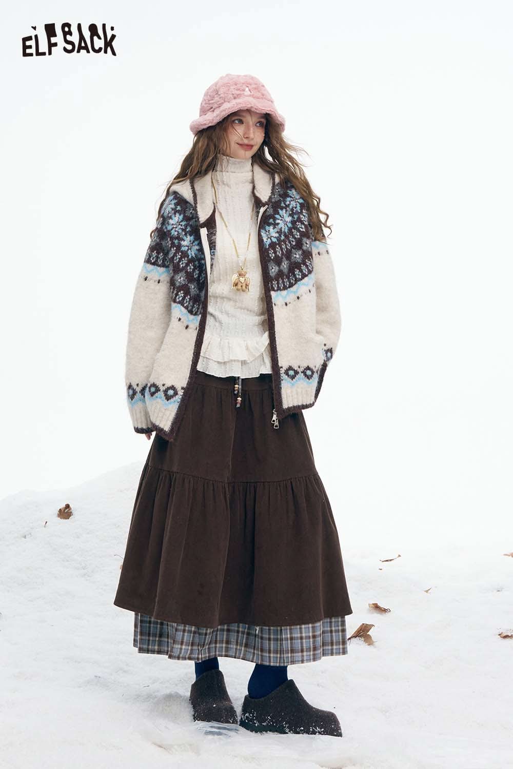 ELFSACK double layer long skirt for women in brown, styled with a cozy sweater and hat for a winter look