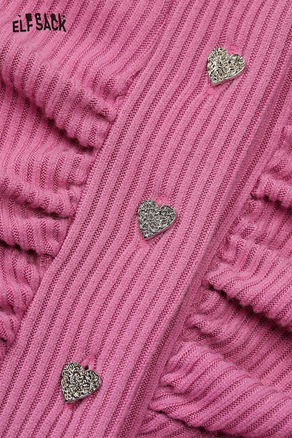 ELFSACK shirred knit cardigan for women in pink with heart-shaped embellishments