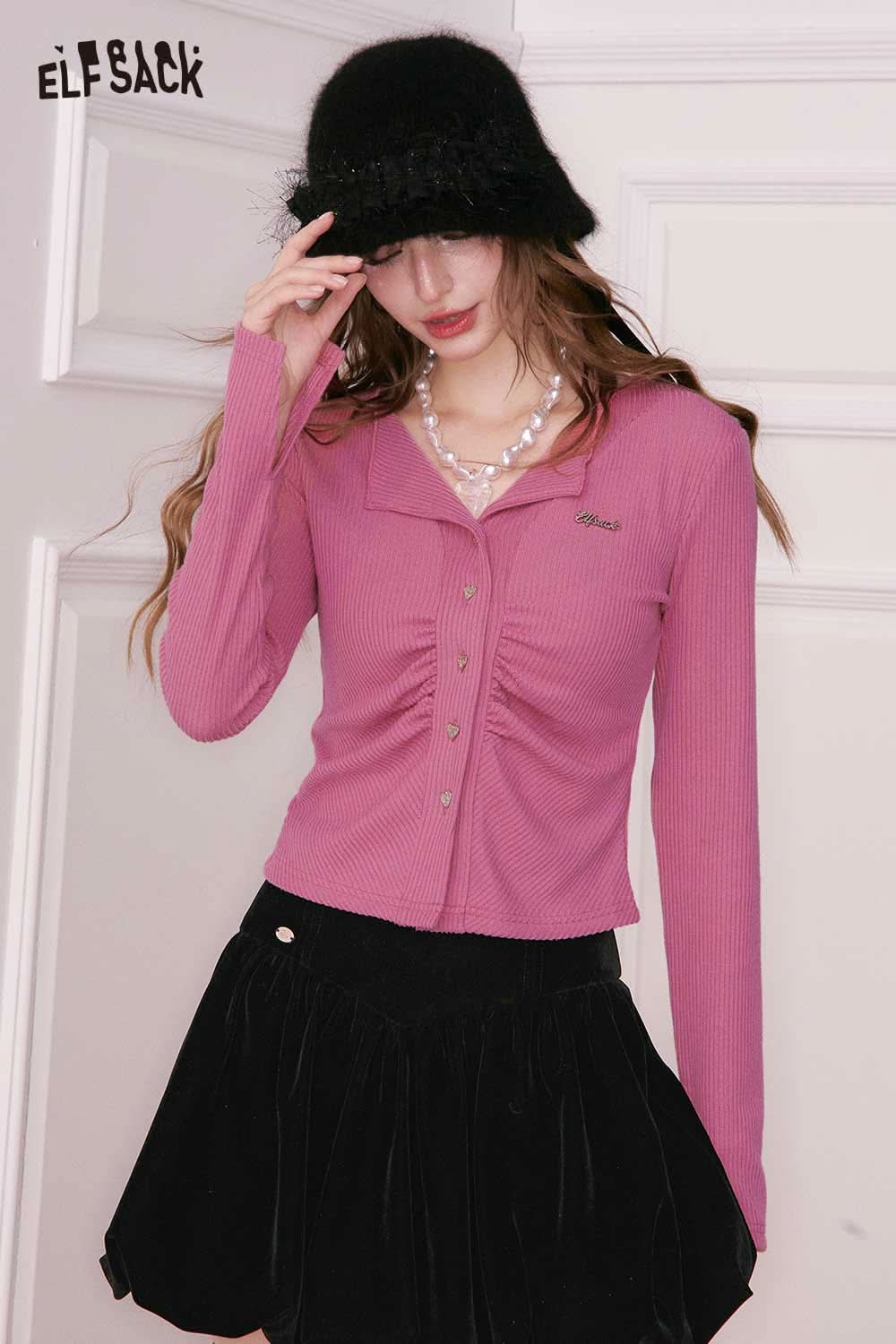 ELFSACK women's shirred knit cardigan in pink with button detail and stylish collar