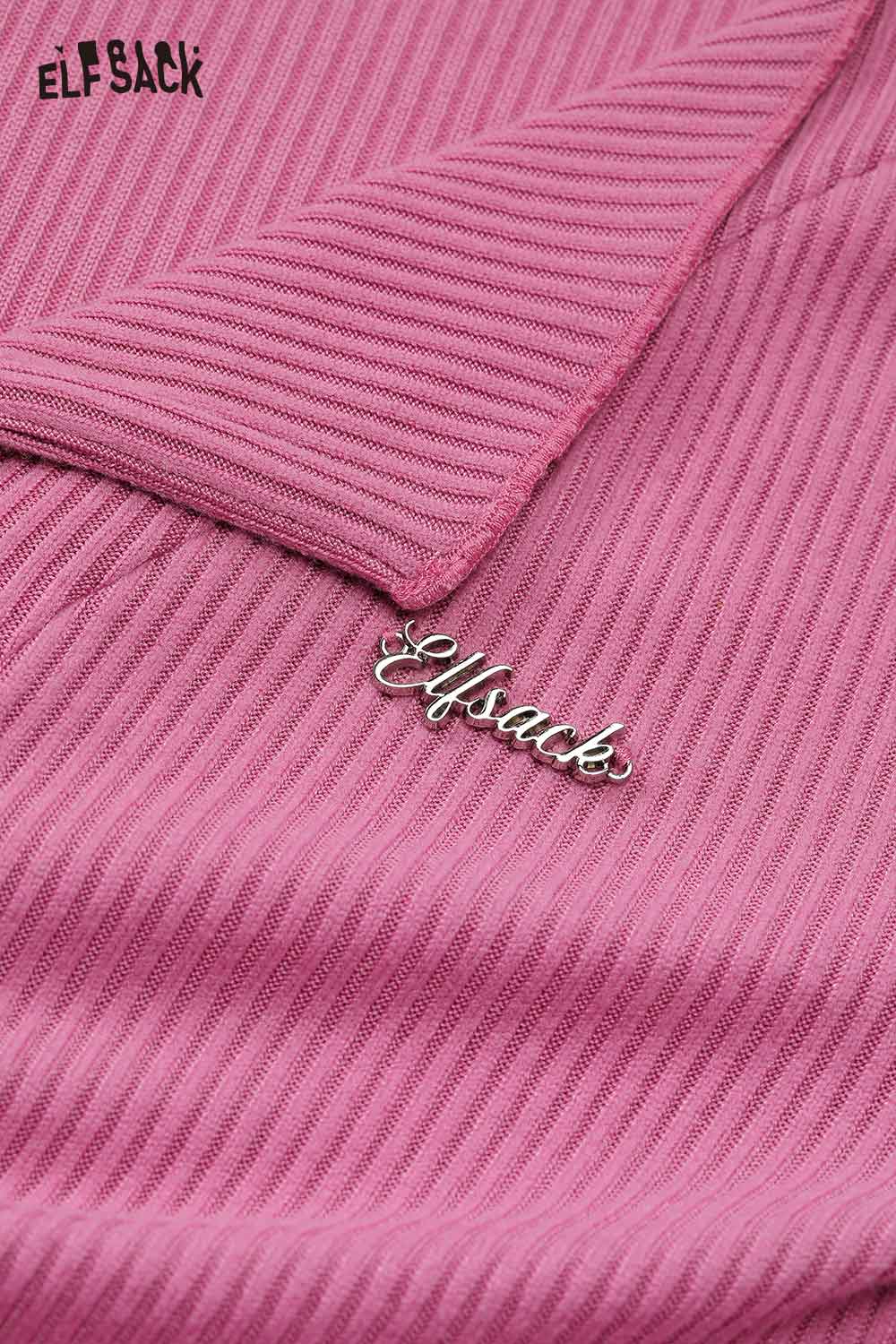 ELFSACK shirred knit cardigan for women in soft pink with ribbed texture and logo detail
