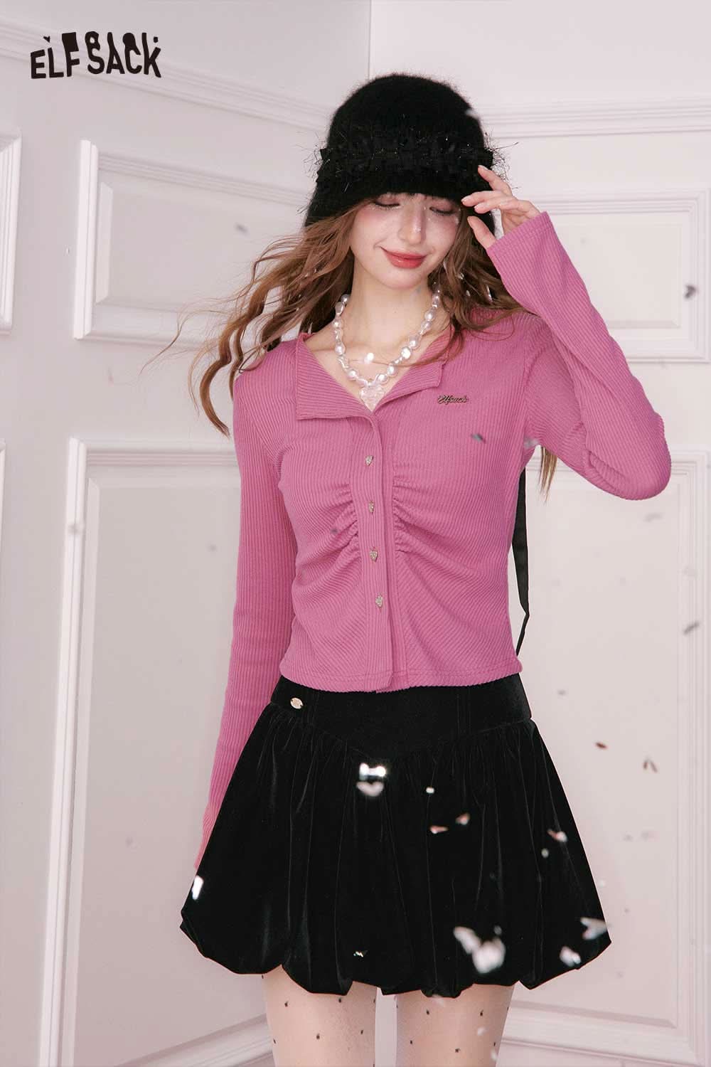 ELFSACK shirred knit cardigan for women in pink with buttons, styled with a black skirt and hat