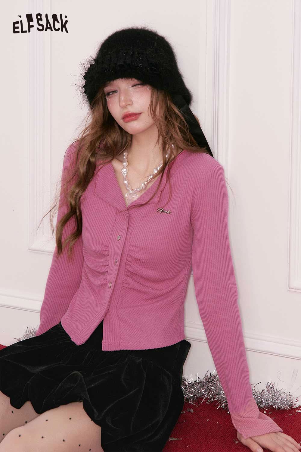 ELFSACK shirred knit cardigan for women in pink with ribbed texture and button details