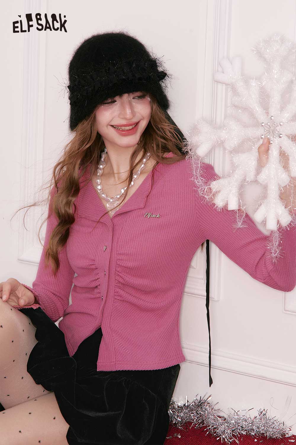 ELFSACK Women’s Shirred Knit Cardigan in Pink, Stylish and Comfortable for Everyday Wear