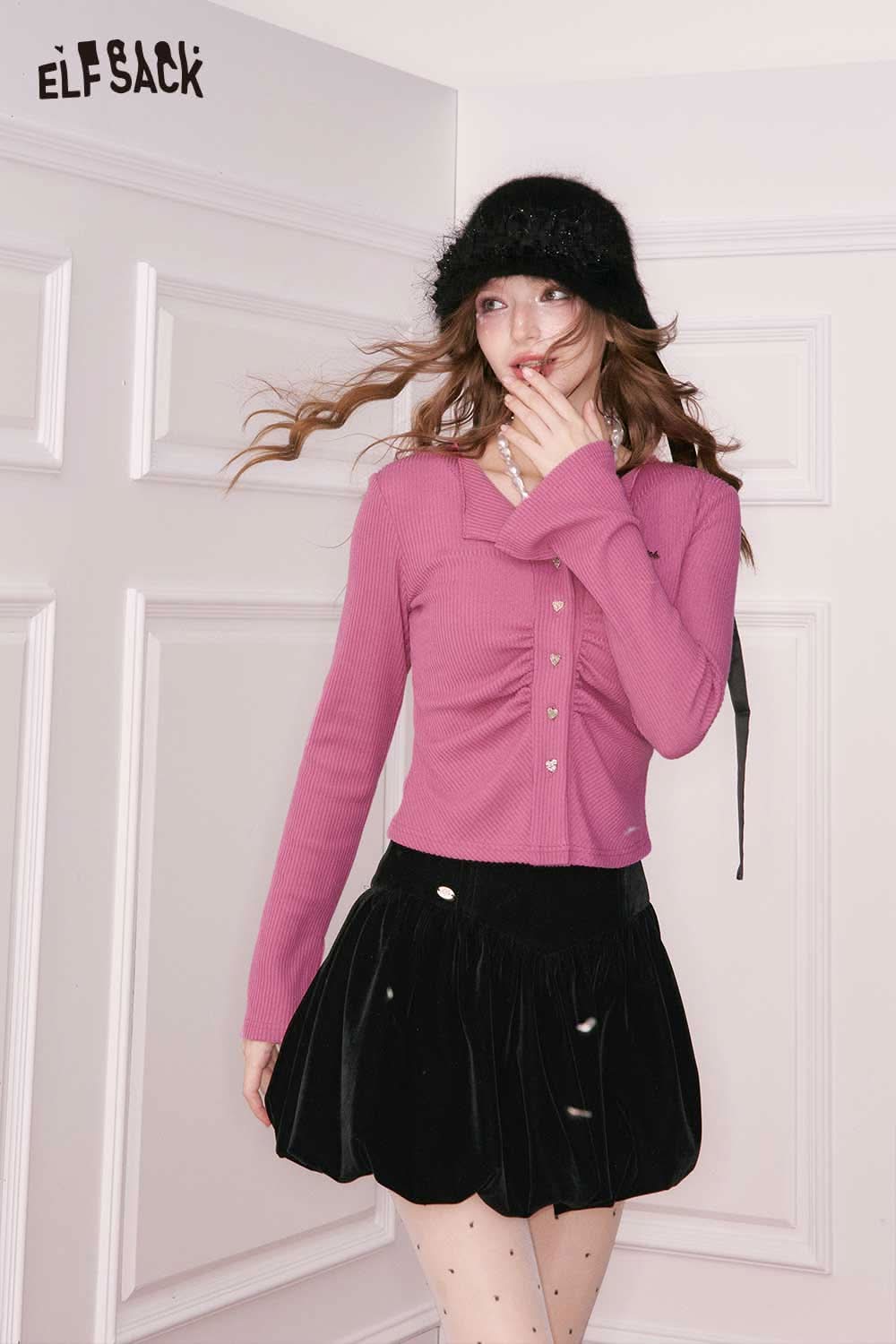ELFSACK shirred knit cardigan for women in pink paired with a black skirt for a stylish look