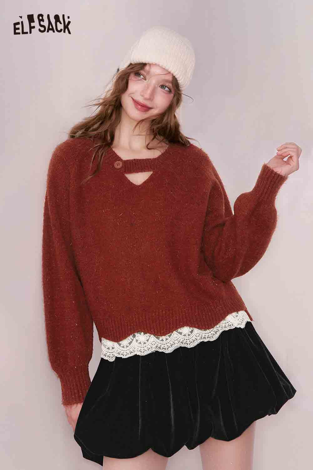 ELFSACK elegant lace trim sweater in rust color featuring a stylish neckline and soft fabric for a chic look