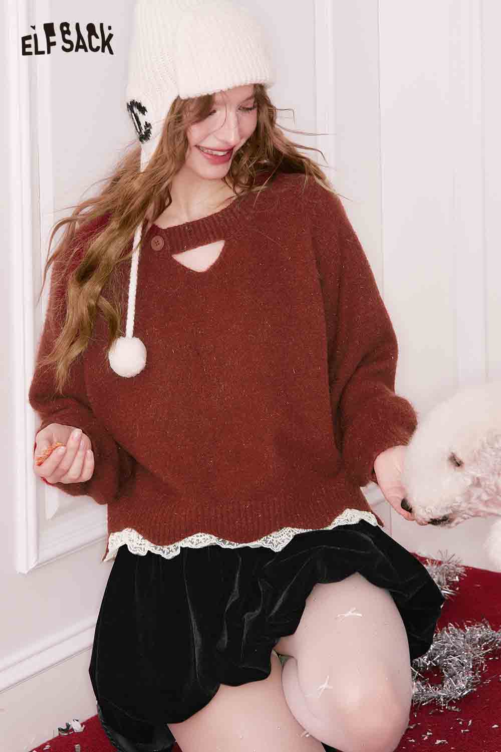 ELFSACK elegant lace trim sweater in rust with playful cutout detail and cozy fit for stylish winter fashion