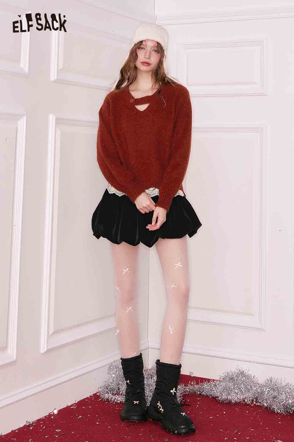 ELFSACK elegant lace trim sweater in rust color paired with a black skirt and cozy winter accessories