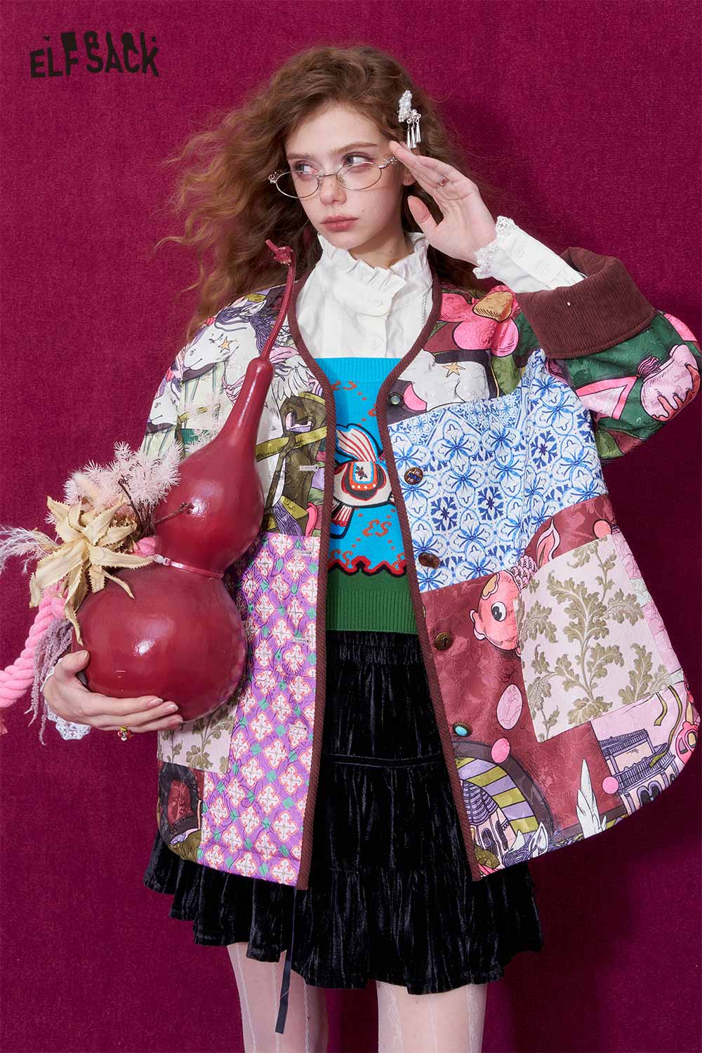 ELFSACK elegant ruffle collar white shirt paired with a colorful patchwork coat and stylish accessories