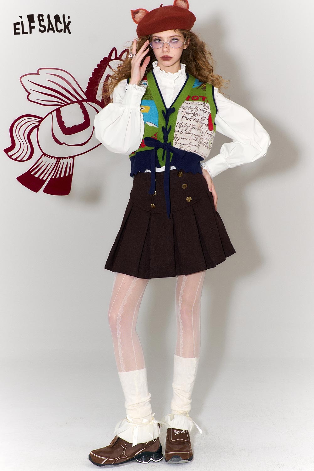 ELFSACK elegant ruffle collar white shirt styled with a colorful vest and brown skirt for a chic look