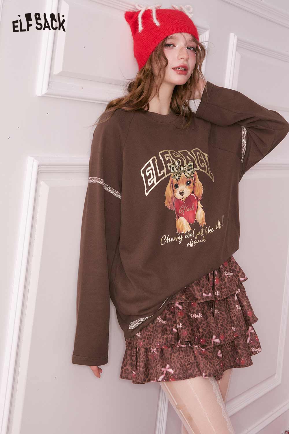 ELFSACK puppy graphic lace long sleeve tshirt in brown with a cute dog design and relaxed fit