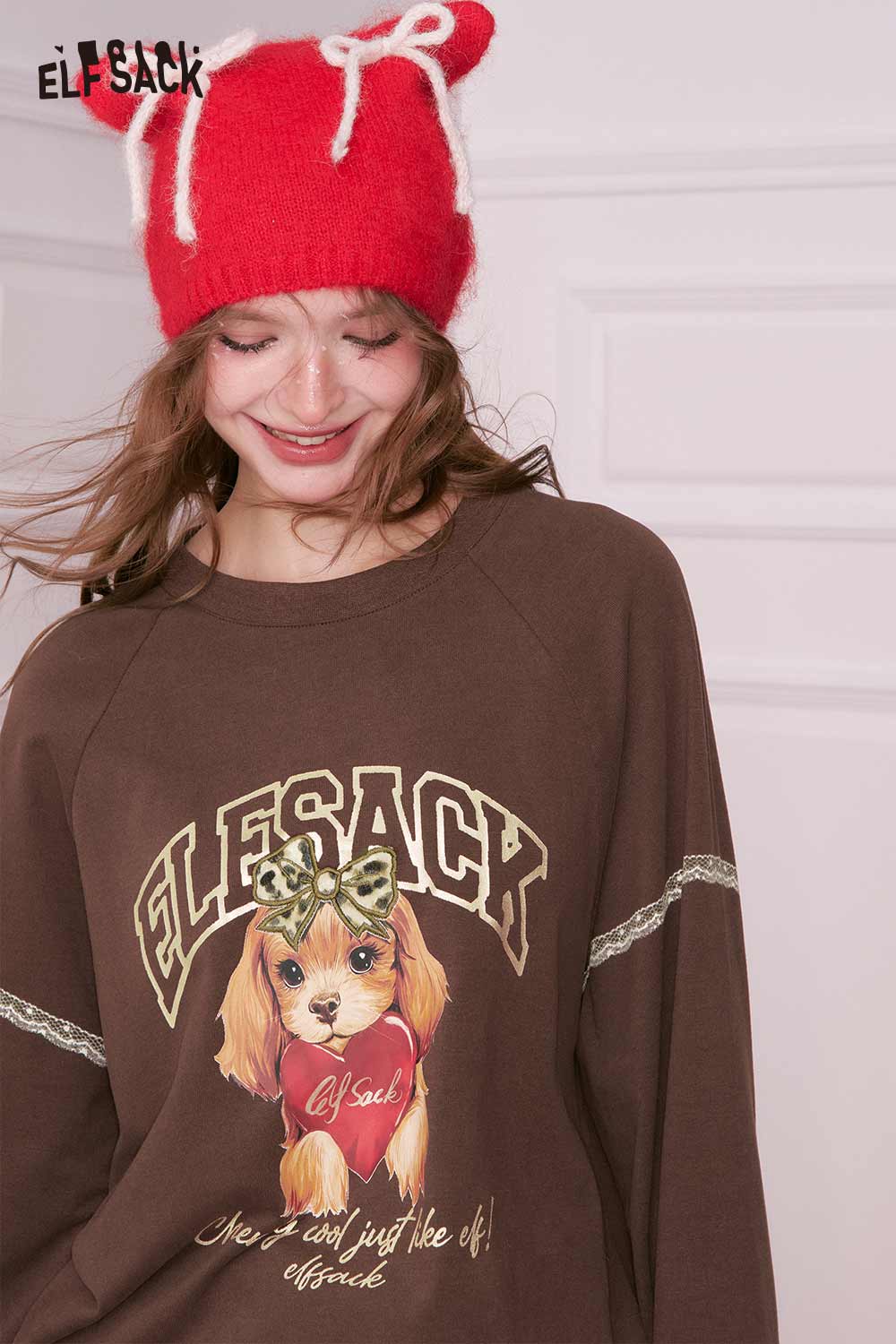 ELFSACK puppy graphic lace long sleeve tshirt in brown with cute dog design and bow accents