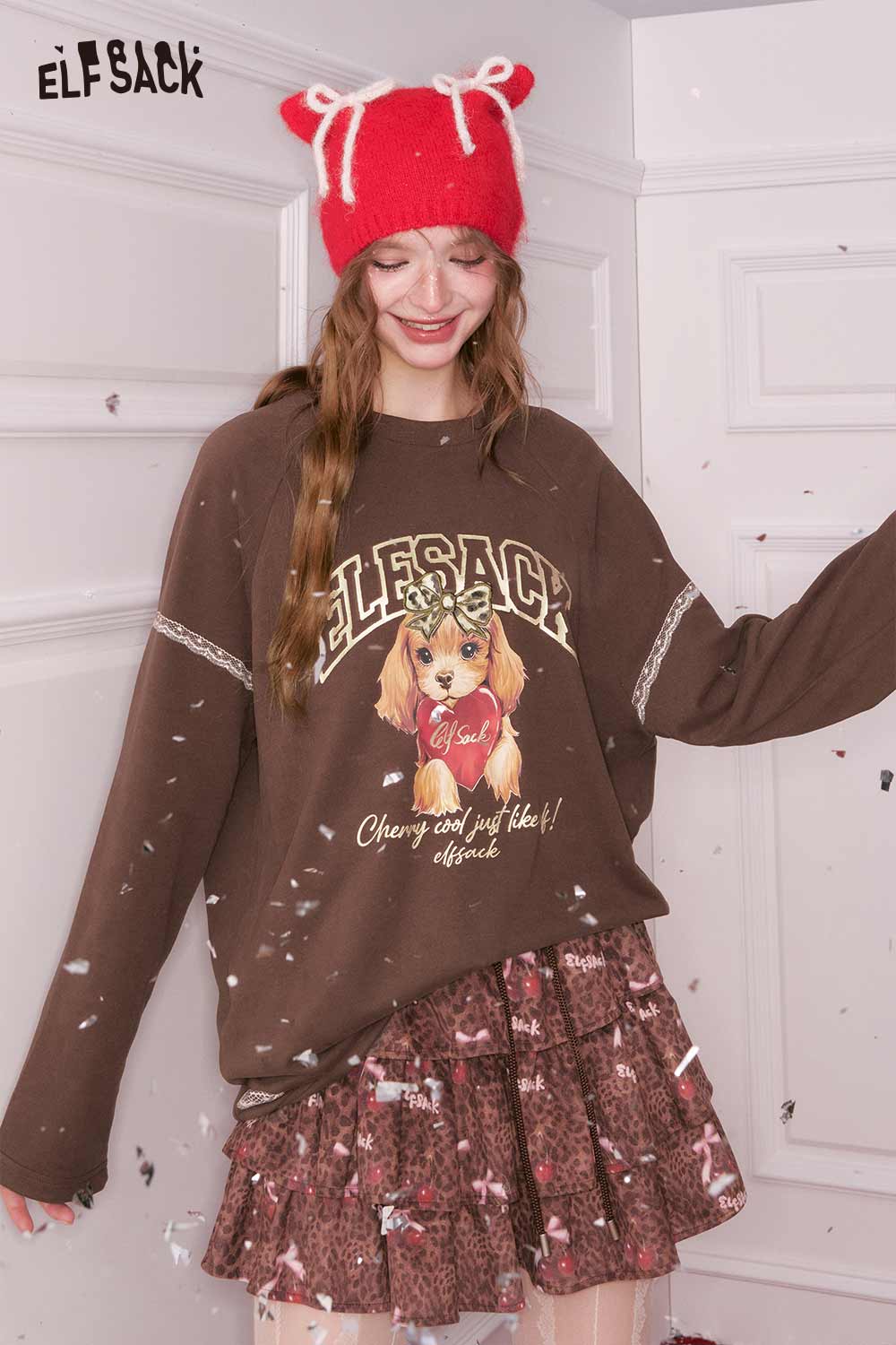 ELFSACK puppy graphic lace long sleeve tshirt in brown featuring a playful dog design