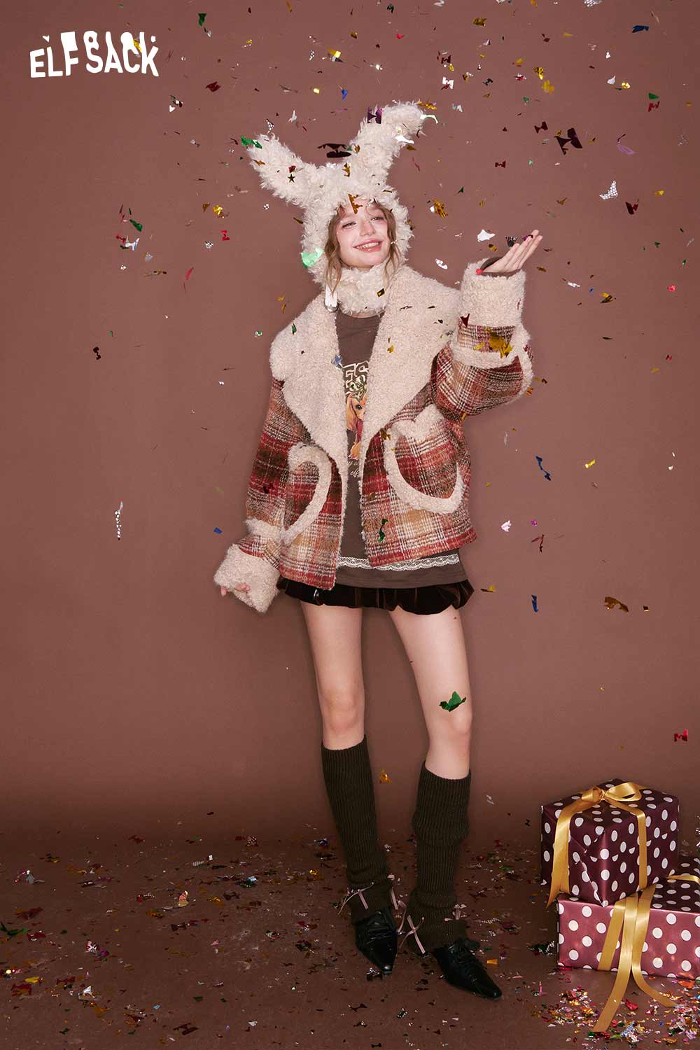 ELFSACK puppy graphic lace long sleeve tshirt styled with festive accessories and confetti