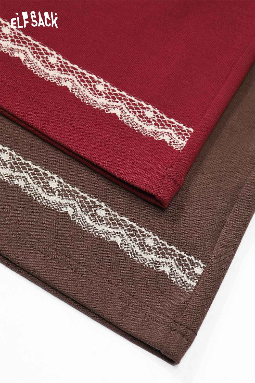 ELFSACK puppy graphic lace long sleeve tshirt in burgundy and brown with lace detailing at the hem