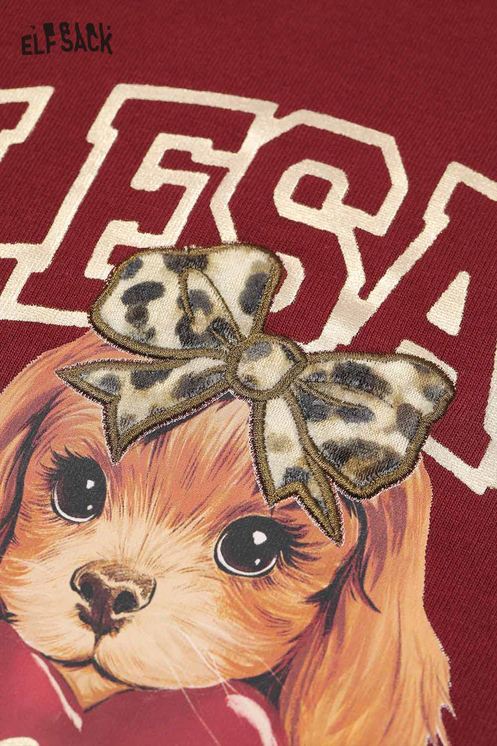 ELFSACK puppy graphic lace long sleeve tshirt featuring a cute dog with a leopard print bow