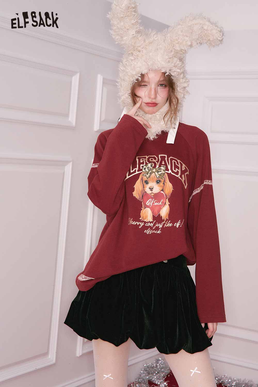 ELFSACK puppy graphic lace long sleeve tshirt in burgundy with stylish bunny hat and black skirt