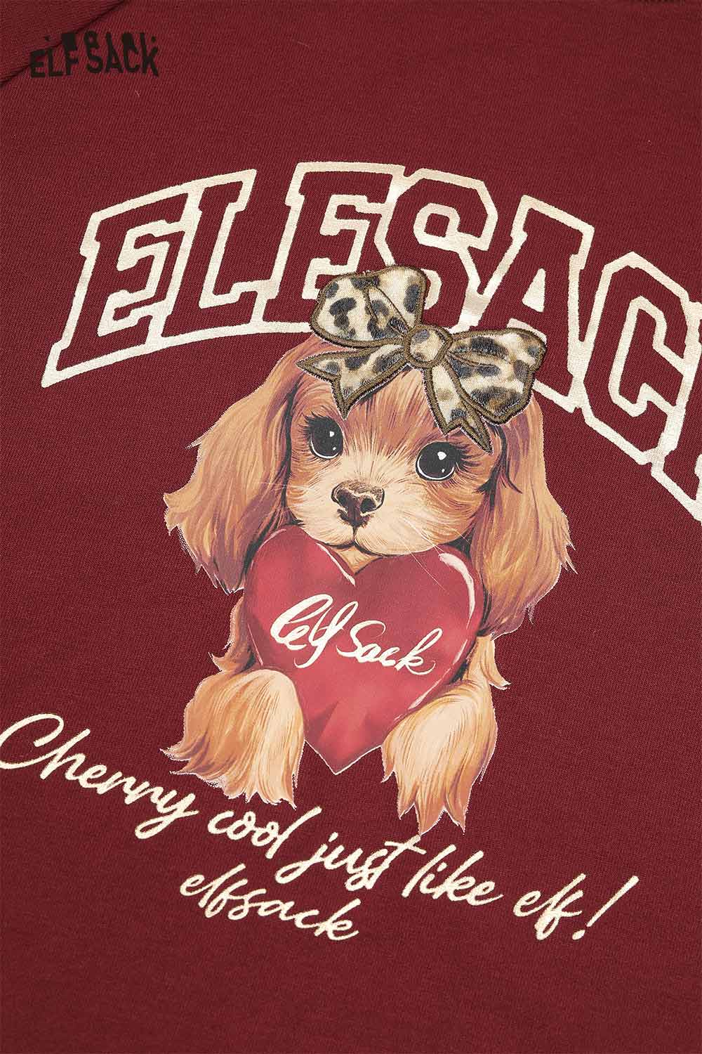ELFSACK puppy graphic lace long sleeve tshirt in deep red with an adorable dog print