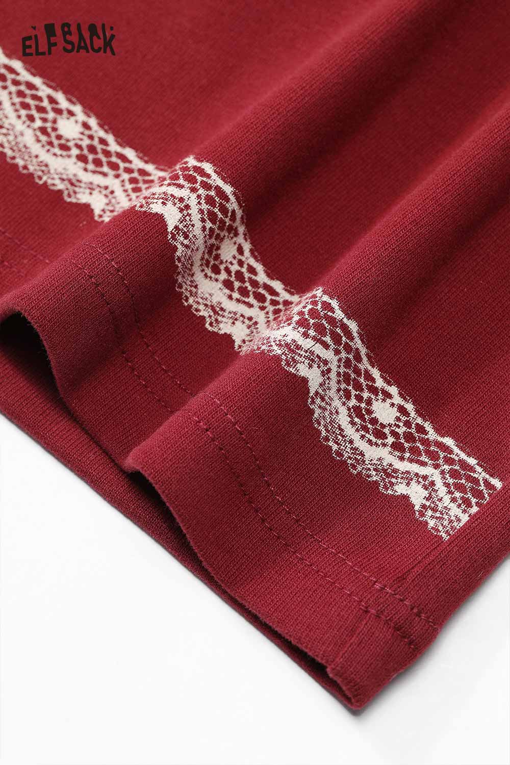 ELFSACK puppy graphic lace long sleeve tshirt in burgundy with delicate lace detailing on sleeves
